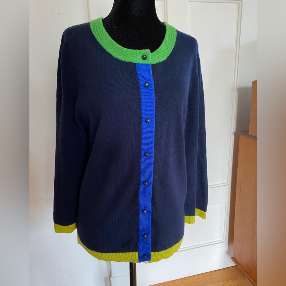 Kate Spade Navy Sweater with Green & Blue Trim. Wool and Cashmere blend. Size L